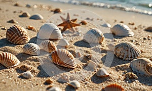 A collection of shells are on the beach, including a starfish.