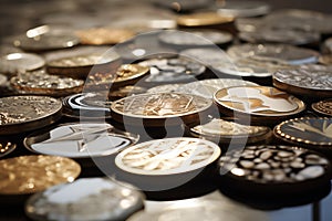 Collection of shiny coins arranged in intricate patterns on a marble tabletop. Generative AI