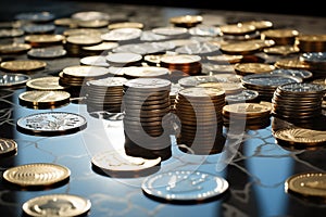 Collection of shiny coins arranged in intricate patterns on a marble tabletop. Generative AI