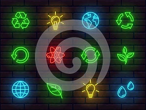 Collection of shiny neon colorful icons signs symbols ecology theme