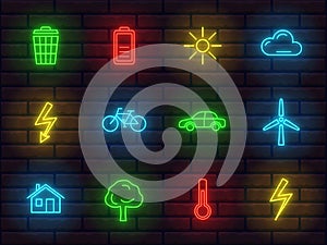Collection of shiny neon colorful icons signs symbols ecology theme part 2