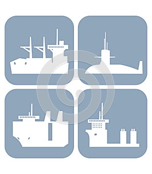 Collection of ship icons. Bulk ship, nuclear submarine, ro ro ship, heavy lift ship