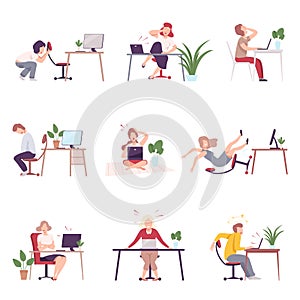 Collection of Shocked and Scared People Sitting at the Desks Looking into Computer Screens Flat Vector Illustration