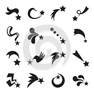 Collection of shooting star icons isolated on a white background