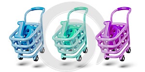 Collection of shopping carts with 3D numbers. Set of vector illustrations of different colors