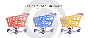 Collection of shopping carts on white background in 3d realistic style. Vector illustration