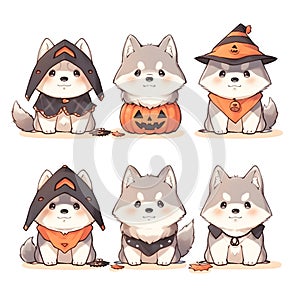 collection of Siberian Huskey wearing pumkin hat and Halloween cloak character stickers, on white background, Chibi cute style,