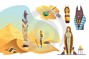 Collection of signs Egyptian archaeology. Various cultural symbols of Egyptian architecture and culture symbols on white
