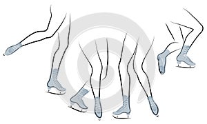 Collection. Silhouette of beautiful slender female legs in skates. Girl gymnast, lady dancing, figure skating. Vector illustration