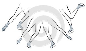 Collection. Silhouette of beautiful slender female legs in skates. Girl gymnast, lady dancing, figure skating. Vector illustration