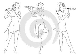 Collection. Silhouette of a beautiful woman with a flute in a modern continuous line style. Flutist, slender. Continuous line draw