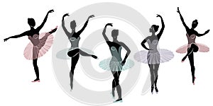 Collection. Silhouette of a cute lady, she is dancing ballet. The girl has a beautiful figure. Woman ballerina. Vector