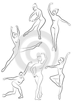 Collection. Silhouette of a cute lady, she is dancing ballet. The girl has a slim beautiful figure. Woman ballerina. Vector