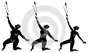 Collection. Silhouette of a cute lady, she does rhythmic gymnastics with clubs. The woman is overweight. Slender girl athlete.