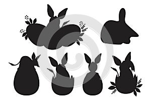Collection silhouette drawing Australian animal bilby with Easter eggs. Isolated black hand drawing for festive paschal