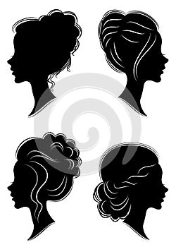 Collection. Silhouette of the head of a sweet lady. The girl shows a female hairstyle on medium and long hair. Suitable for logo,