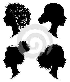 Collection. Silhouette of the head of a sweet lady. The girl shows a female hairstyle on medium and long hair. Suitable for logo,