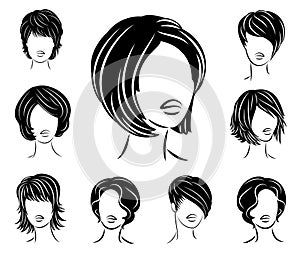 Collection. Silhouette of a head of a sweet lady. A girl shows a hairstyle of a woman on long, medium and short hair. Suitable for