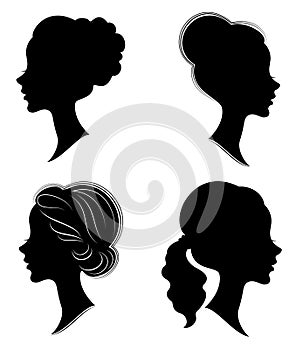 Collection. Silhouette of the head of a sweet lady. Pretty girl shows beautiful female hairstyle on medium and long hair. Suitable
