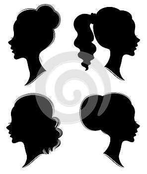 Collection. Silhouette of the head of a sweet lady. Pretty girl shows beautiful female hairstyle on medium and long hair. Suitable