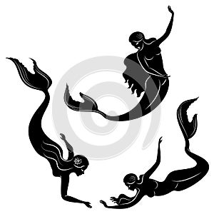 Collection. Silhouette of a mermaid. Beautiful girl swims in the water. The lady is young and slim. Fantastic image of a