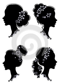 Collection. Silhouette profile of a cute lady s head. The girl has a haircut tail for long beautiful hair, decorated with flowers