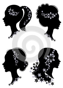 Collection. Silhouette profile of a cute lady s head. The girl has a haircut tail for long beautiful hair, decorated with flowers