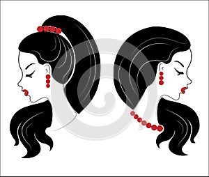 Collection. Silhouette profile of a cute lady`s head. The girl shows her hairstyle for medium and long hair. Suitable for logo,