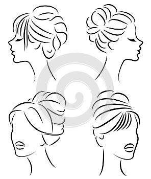 Collection. Silhouette profile of a cute lady s head. The girl shows her hairstyle for medium and long hair. Suitable for logo,