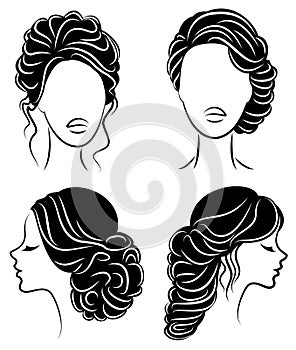 Collection. Silhouette profile of a cute lady s head. The girl shows her hairstyle for medium and long hair. Suitable for logo,