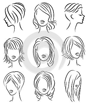 Collection. Silhouette profile of a cute lady s head. The girl shows her hairstyle for medium and long hair. Suitable for logo,