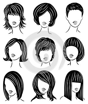 Collection. Silhouette profile of a cute lady s head. The girl shows her hairstyle for medium and long hair. Suitable for logo,