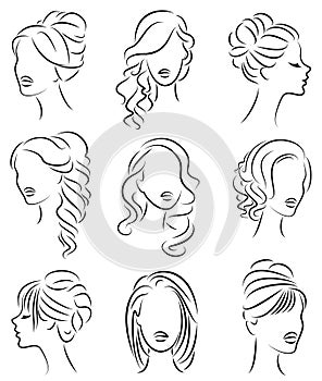 Collection. Silhouette profile of a cute lady s head. The girl shows her hairstyle for medium and long hair. Suitable for logo,