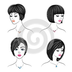 Collection. Silhouette profile of a cute lady s head. The girl shows her hairstyle for medium and long hair. Suitable for logo,