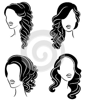 Collection. Silhouette profile of a cute lady s head. The girl shows her hairstyle for medium and long hair. Suitable for logo,