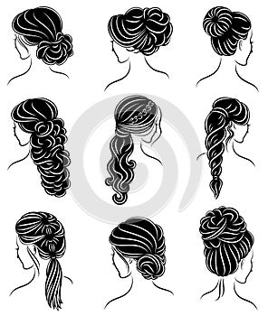 Collection. Silhouette profile of a cute lady s head. The girl shows her hairstyle for medium and long hair. Suitable for logo,