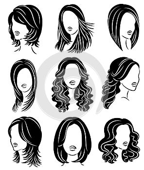 Collection. Silhouette profile of a cute lady s head. The girl shows her hairstyle for medium and long hair. Suitable for logo,