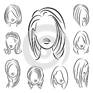 Collection. Silhouette profile of a cute lady s head. The girl shows her hairstyle for medium and long hair. Suitable for logo,