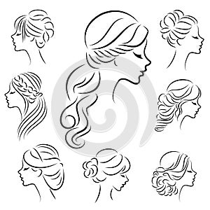 Collection. Silhouette profile of a cute lady s head. The girl shows her hairstyle for medium and long hair. Suitable for logo,