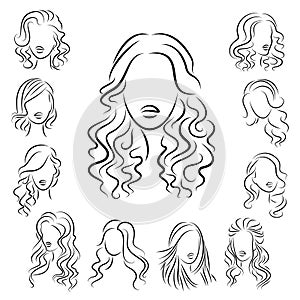 Collection. Silhouette profile of a cute lady s head. The girl shows her hairstyle for medium and long hair. Suitable for logo,