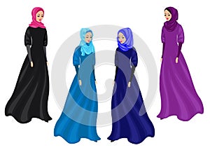 Collection. Silhouette of a sweet lady. The girl wears traditional Muslim women`s clothing, hijab. Young and beautiful woman.