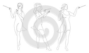 Collection. Silhouette of a woman with a conductor`s baton in a modern continuous line style, beauty. Lady Conductor. Aesthetic de