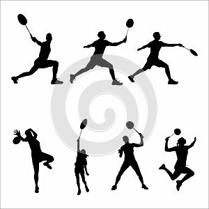 collection of silhouettes of badminton players, on a white background