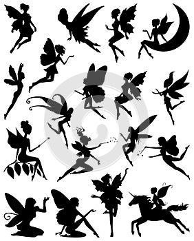 Collection silhouettes of fairies. Vector collection of fairies silhouettes. Fairies silhouette set.