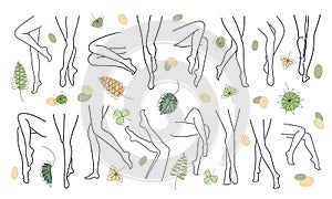 Collection. Silhouettes of human legs and leaves in a modern one line style. Plants solid drawing, decor outline, wall poster, sti