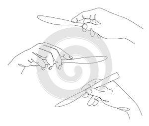 Collection. Silhouettes of a male hand holding a knife in a modern one line style. Continuous line drawing, aesthetic outline for