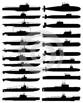 Collection silhouettes of submarines. Submarines silhouettes. Set of submarines. Bundle submarines.