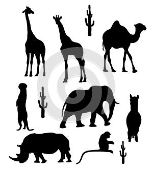 Collection silhouettes of tropical wild African animals. Vector illustration. Isolated hand drawings rhinoceros, giraffe
