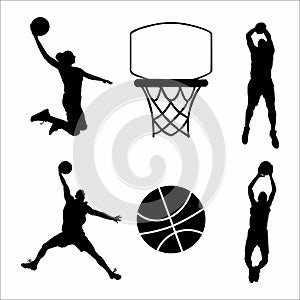 collection of silhouettes and vectors of basketball players, on a white background