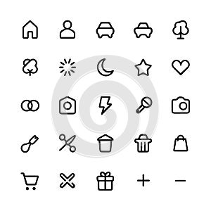 Collection of simple black line drawings on a white background grid icon set